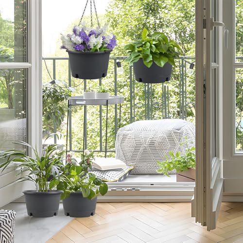 4 Pack 10 inch Baskets for Plants Outdoor with Removable Tray & 15.7" Chain | Hanging Planters for Indoor Plants, Round Plastic Hanging Flower Pots for Home Garden Porch Balcony Patio Decor (Grey) - color: Gray, size: 10 Inch - 4 Pack