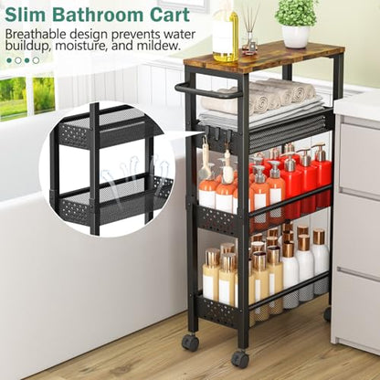 Vivihomety 4-Tier Slim Utility Rolling Laundry Cart with Wheels, Metal | Narrow 7.1" wide, Lockable wheels, wood top panel, metal frame, with handle, for laundry, bathroom, kitchen, black - color: Black, size: 7.1 inch wide
