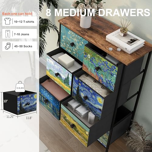 EXOTICA Tall Dresser with 8 Drawer for Bedroom Narrow Van Gogh Chest of Drawers for Hallway Closet Living Room Steel Frame Rustic Brown Wood Grain Wood Top - size: 26.6"D x 11.8"W x 39.4"H (8 Drawers)