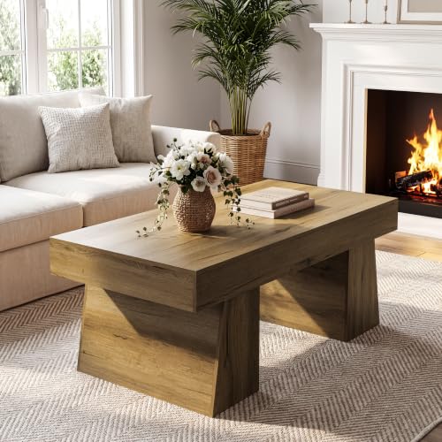 Farmhouse Coffee Table, 47" Retro Brown Wooden Accent Center Table | Modern Low Cocktail Tea Furniture for Living Room, Rustic Brown Finish, Scratch & Water Resistant MDF, Easy Assembly