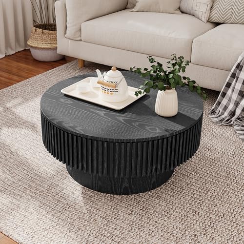 JUSTONE 31.5" Round Coffee Table,Farmhouse Wood Coffee Table with Storage for LivingRoom,Apartment,Office,Black - color: 31.5'' - Black-6