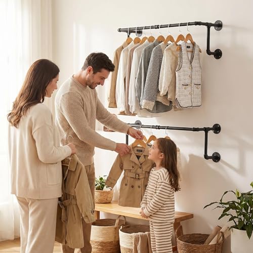 Industrial Pipe Clothing Rack, Hanging Clothes Rod, Wall Garment Rack | Heavy Duty Space Saving Clothes Bar, Metal Clothing Hanging Rails for Closet Home Bedroom Retailer Laundry, Black, 2Pcs