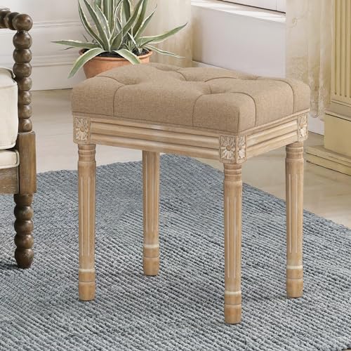 LUE BONA Upholstered Fabric Vanity Bench Seat, Makeup Stools for Vanity, Square Tufted Ottoman Bench with Carved Wood Color Legs for Bedroom Living Room, Wheat Color - color: Wheat and Wood