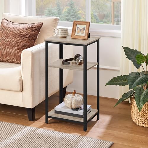 Yaheetech 29.5in Tall End Table, Small Narrow Industrial Nightstand, Gray | Side Table for High-Arm Sofas and Tall Beds, 2 Wood Grain Shelves for Drinks and Storage, Slim 12in Depth, Iron Frame - color: Grey
