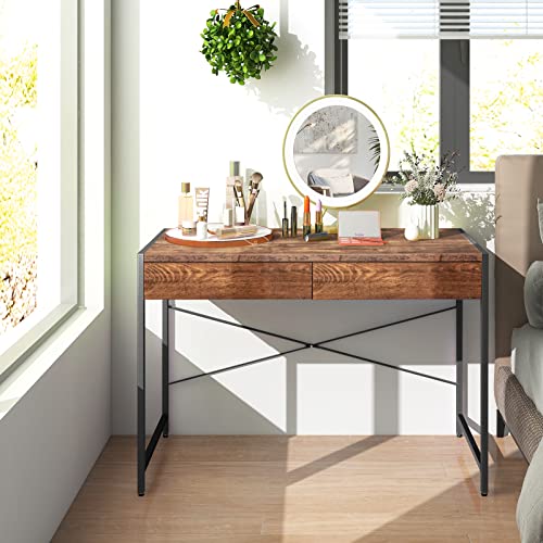 Tangkula Computer Desk with 2 Drawers, 44" Study Writing Table w/Heavy-Duty Steel Frame & Reinforced Structure, PC Desk with Storage for Home Office (Coffee) - color: Coffee