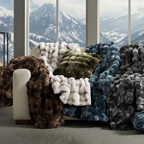 Faux Rabbit Fur Bubble Throw Blanket, 60"x80", Marble Deep Indigo | Ultra Soft, Luxury Faux Rabbit Fur Throw, Thick Warm Bubble Blanket, Cozy Fluffy Reversible, for Bed, Couch, Chair, Sofa - color: Deep Indigo Marble, size: 60"x80"
