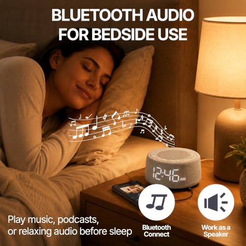 White Noise Alarm Clock for Bedroom, Night Light, Bluetooth Audio | Sleep sounds, Bluetooth speaker, ambient night light, dimmable display, adjustable alarm volume, bedside routine for adults - color: Gray