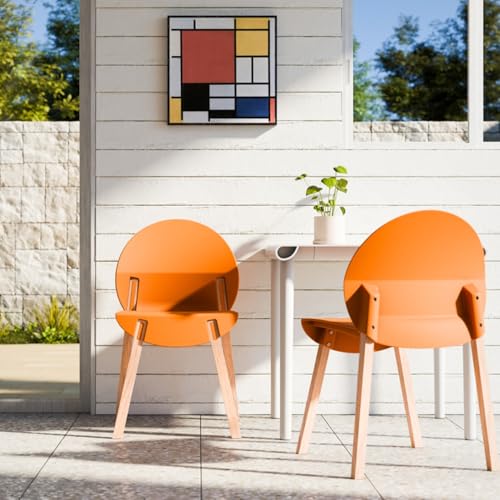 Stackable Plastic Dining Chair Set of 4, Modern Dining Chairs, 330lb Capacity, Protective Pads, 5-Second Cleanup, Kitchen, Dining Room, Balcony, Café, Commercial Use, Tropical Orange Seat & Oak Legs - color: Orange