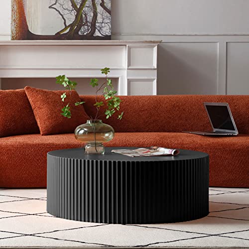 JUSTONE Black Round Coffee Table for Living Room, 35.43" Round Wood Circle Drum Coffee Table End Table Side Table for Home Office, Matte Black (ø35.4'' x 13.7'') - color: 35.4'' - Black