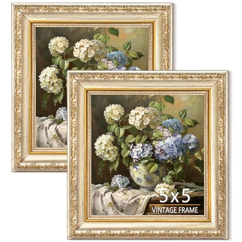 5x5 Picture Frame Set of 2, Ornate Champagne Silver Photo Frame with Subtle Gold Sheen, Antique Wall & Tabletop Decor for Home Office, Champagne Gold Silver Frame, 2 Pack - color: Champagne Silver, size: 5x5-2P