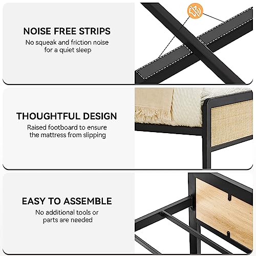 IDEALHOUSE Rattan Queen Size Bed Frame with Natural Rattan Headboard, Cane Boho Queen Size Platform Bed Frame,Natural Bed Frame No Box Spring Needed, Noise-Free, Easy Assembly(Black)