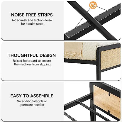 IDEALHOUSE Rattan Queen Size Bed Frame with Natural Rattan Headboard, Cane Boho Queen Size Platform Bed Frame,Natural Bed Frame No Box Spring Needed, Noise-Free, Easy Assembly(Black)