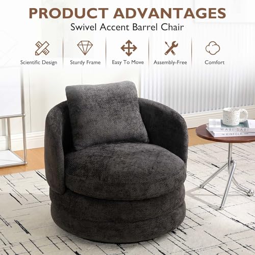 Round Swivel Barrel Chair with Comfy Pillow, Beige Small Accent Chair with Curved Backrest, Modern Upholstered Armchair & Chenille Barrel Accent Chairs for Living Room Bedroom Office (Dark Gray) - color: Dark Gray