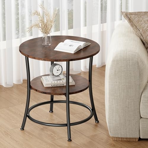 OLIXIS 21.85-Inch Round End Table, 2-Tier Side Table for Living Room, Accent Stand with Storage Shelf, Sturdy Metal Frame Nightstand for Small Space, Round Bedside, Rustic Brown and Ink Black - color: Rustic Brown & Ink Black