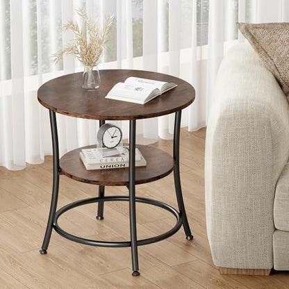 OLIXIS 21.85-Inch Round End Table, 2-Tier Side Table for Living Room, Accent Stand with Storage Shelf, Sturdy Metal Frame Nightstand for Small Space, Round Bedside, Rustic Brown and Ink Black - color: Rustic Brown & Ink Black