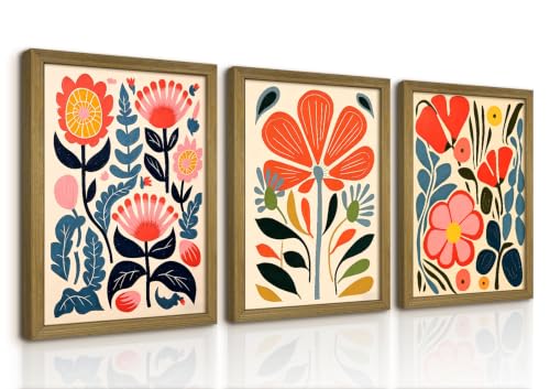 Framed Boho Colorful Floral Canvas Wall Art Set of 3, Mid Century Abstract Flower Print Picture, Scandinavian Folk Art Wall Decor Paintings for Living Room Bedroom Bathroom Home Decor 12x16 Inch - color: Colorful Flowers, size: 16"L x 12"W