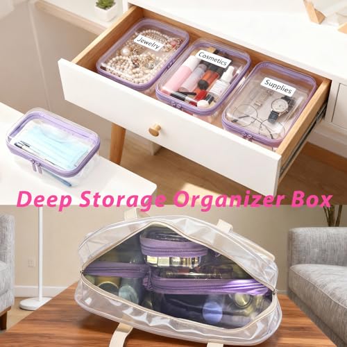 3 Pack Clear Hard Shell Zipper Storage Case Deep Capacity Organizer Pouches | PET Waterproof Transparent Bags with Handle 1.2mm Thick for Makeup Toiletries Cosmetics Toys Art Supplies Travel Essentials - color: purple