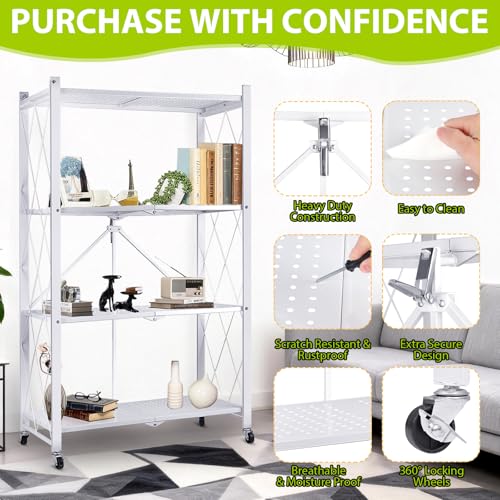 4-Tier Foldable Storage Shelf with Wheels, Metal Collapsible Shelving Unit, Heavy-Duty Rolling Cart for Kitchen Pantry Garage Office, Pre-Assembled Organizer Rack – White - size: 4-Tier White