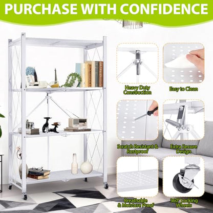 4-Tier Foldable Storage Shelf with Wheels, Metal Collapsible Shelving Unit, Heavy-Duty Rolling Cart for Kitchen Pantry Garage Office, Pre-Assembled Organizer Rack – White - size: 4-Tier White