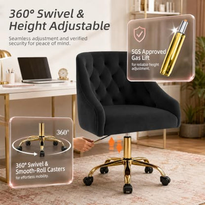 MOJAY Velvet Office Swivel Chair, Vanity Fabric Desk Pretty Fancy Gold Office Chairs for Girls, 360°Swivel Height Adjustable Reception Chair (Black) - color: Black