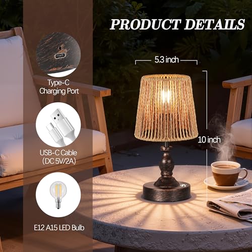Mini Cordless LED Table Lamp, 5200mAh Rechargeable Battery Operated Lamp, 3-Level Brightness, Touch Dimmable Desk Lamp, Bedside Night Light with Rattan Shade, Oil Rubbed Bronze - color: Oil-Rubbed Bronze