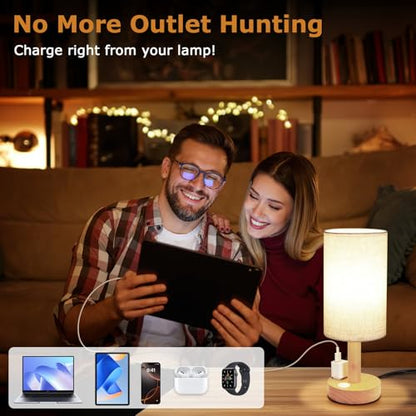 Small Bedside Table Lamp with AC Outlet, Natural Wood Base & Linen Shade, Mini Cute Cozy Warm White Nightstand Boho Lamp, Study Desk Night Stand Light for Bedroom, Kitchen, Nursery, Living Room - size: Round - AC Outlet - Set of 1