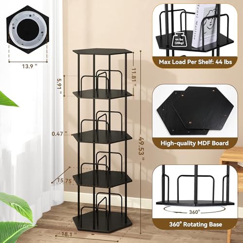 SUNMORY 4 Tier Rotating Bookshelf Tower, Revolving 360 ° Spinning Bookcase | Hexagonal Corner Book Shelf Storage Carousel, Vertical Rotate Turning Organizer Book Shelves for Living Room Office Bedroom - color: Black, size: 4 Tier