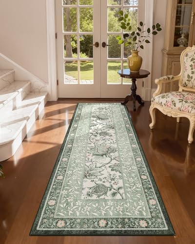 GarveeHome Sage Green 2x6 Washable Kitchen Runner Rugs Non Slip Provence Vintage Boho Cottage Long Rug for Hallways Bedroom Entryway Bathroom Mat with Rubber Back - color: Sage Grove, size: 2' x 6' (Runner)