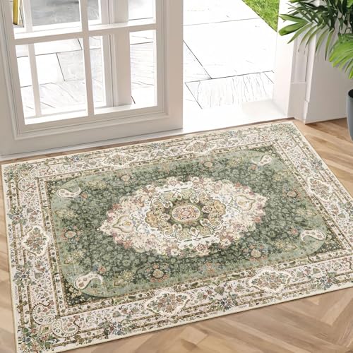 Small Rugs 2x3,Green Rug for Entryway Bedroom Entrance Doormat | Boho Vintage Bohemian Distressed Washable Accent Floor Throw Carpet for Bathroom Kitchen Non Slip,Floral - color: New Green, size: 2'x3'
