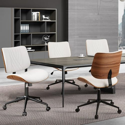 CLATINA Armless Home Office Chair, Desk Chair with Wheels, Adjustable Height Reading Chair, Leather Mid Back & Swivel Computer Chair, Modern Walnut Chairs with Back for Studio Meeting Room(White) - color: White Diamond-a, size: 1 Pack