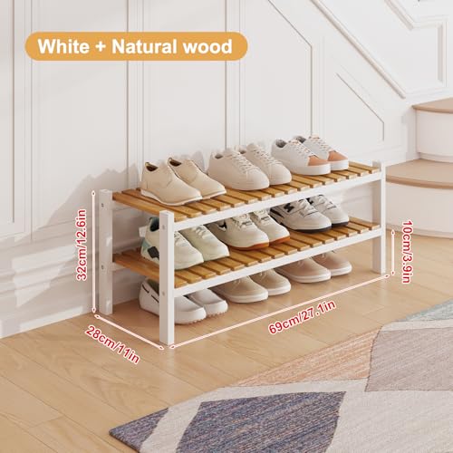 Bamboo Shoe Rack Organizer for Closet and Entryway-Space-Saving Narrow Shoe Stand-Versatile Shoe Holder for Door or Closet Shelf,Garage Bedroom can Freely Stack DIY Small Shoe Racks 2Tier Mixed color - color: White+natural Color, size: 2-Tier