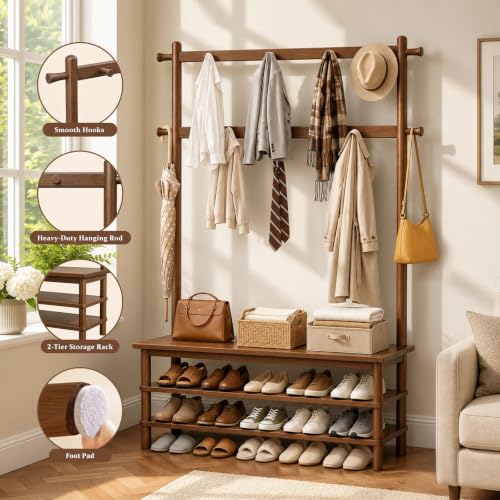 Hall Tree with Shoe Storage Bench, 3-in-1 Entryway Coat Rack with Bench, 11 Hooks, Freestanding Wooden Entryway Organizer for Mudroom, 35" Long - size: 35" Long