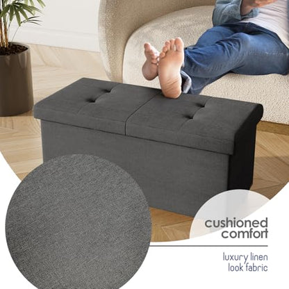 Storage Ottoman Bench with Bins, 30-in Storage Bench for Bedroom End of Bed, Folding Foot Rest Ottoman for Living Room Max 660lbs, Fabric Ottomans, Grey