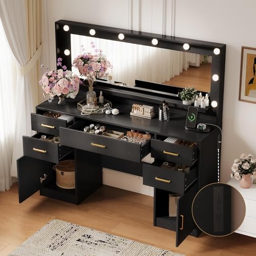 TOKSOM 44.8" Large Vanity Desk with Lighted Mirror & Power Outlet, Black Makeup Vanity Desk with Mirror and Lights, Black Vanity Table with 5 Drawers and 2 Cabinets, Dressing Table for Bedroom - size: 44.8 inch, style: Modern Black