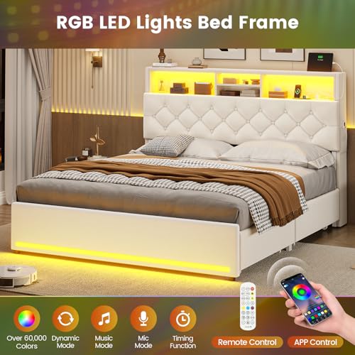 Full Size Bed Frame with 4 Drawers, Storage Headboard, Lights, Cream | LED Bed Frame Full Size with Charging Station, 5 Shelves, Velvet Upholstered Bed with Metal Slats, No Box Spring Needed - color: Creamy White-velvet, size: Full
