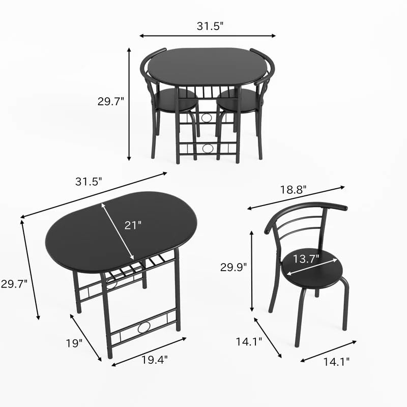 Shahoo 3-Piece Dining Table Set for 2, Kitchen Breakfast Nook Set, Black | 2 Chairs & Round Tabletop, Space Saving Wooden Furniture Metal Frame and Built-in Wine Rack - color: Black