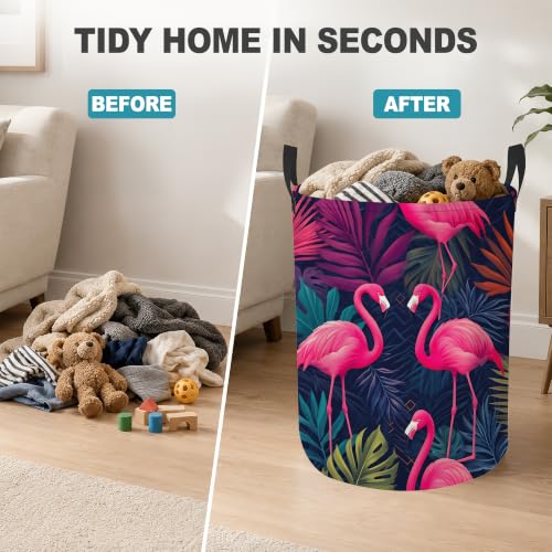 Pink Flamingo Collapsible Laundry Hamper,Tropical Palm Leaves Waterproof Oxford Cloth Clothes Basket with Handles for Bathroom Bedroom Nursery Dorm Room,16" x 20" - color: Pink Flamingo,Tropical Palm Leaves