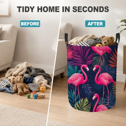 Pink Flamingo Collapsible Laundry Hamper,Tropical Palm Leaves Waterproof Oxford Cloth Clothes Basket with Handles for Bathroom Bedroom Nursery Dorm Room,16" x 20" - color: Pink Flamingo,Tropical Palm Leaves