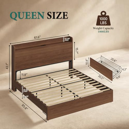 Queen Size Bed Frame with Storage Headboard & 2 Drawers, Mid-Century Modern Platform Bed with Charging Station & Shelf, Wooden Slat Support, No Box Spring Needed (Queen (U.S. Standard)) - size: Queen (U.S. Standard)