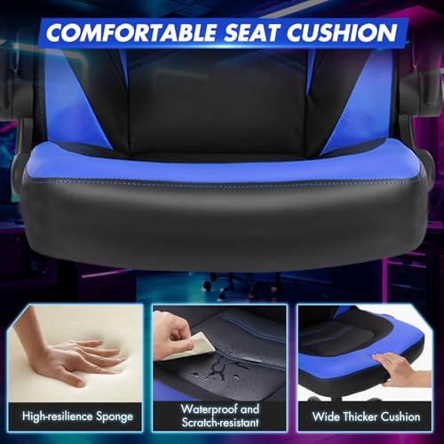 Sweetcrispy Computer Desk Chair, Lumbar Support Video Game Chair PU Leather | PU Leather Flip-up Armrest, Height Adjustable, 360 Swivel for Adults, Black Blue - color: Black Blue