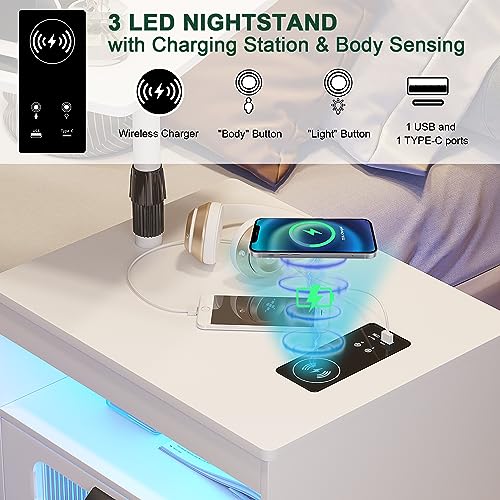 HNEBC Nightstand with Wireless Charging Station, LED Nightstand Has Adjustable Rotary Workstation,Smart Night Stand with 2 Drawers,Modern Bedside Table for Bedroom, Sensor Light/Wheel (White) - color: 9603-1-white
