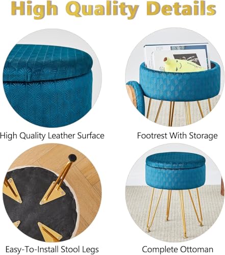 Cpintltr Velvet Storage Ottoman Round Footrest Stool Multifunctional Upholstered Ottoman Modern Accent Vanity Stools Tray Top Coffee Table Suitable for Living Room Bedroom - color: Teal