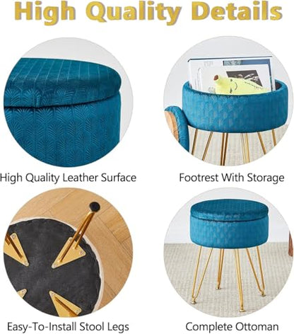 Cpintltr Velvet Storage Ottoman Round Footrest Stool Multifunctional Upholstered Ottoman Modern Accent Vanity Stools Tray Top Coffee Table Suitable for Living Room Bedroom - color: Teal