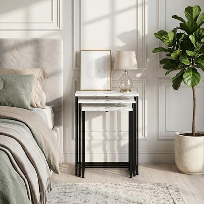 ZenStyle Nesting Coffee Table Set of 5 Side Tables, Industrial C-Shaped End Tables with Wood Table Top & Sturdy Metal Frame Stacking Accent Furniture - color: White