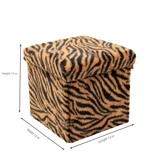 Luxe Faux Fur Storage Ottoman, Tiger Tan/White, 12 x 12 x 12 in | Engineered Wood, Tool-Free Assembly, Modern Style, Seat And Footrest - color: Tiger Tan/White, size: 12"D x 12"W x 12"H