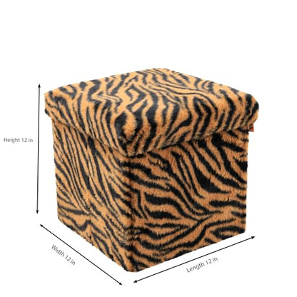 Luxe Faux Fur Storage Ottoman, Tiger Tan/White, 12 x 12 x 12 in | Engineered Wood, Tool-Free Assembly, Modern Style, Seat And Footrest - color: Tiger Tan/White, size: 12"D x 12"W x 12"H