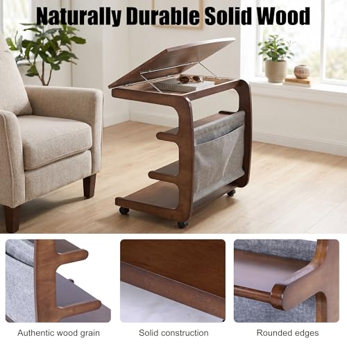 100% Solid Wood C Shaped End Table with Swivel Wheels, Lift Top Couch Table with Storage, Rolling Table that Slide Under Sofa & Bed, 15.75" D x 23.62" W x 24.8" H