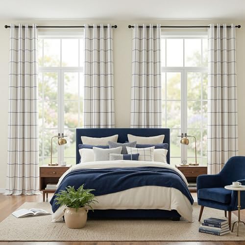 MYSKY HOME 100% Blackout Plaid Linen Farmhouse Curtains 45 Inches Long 2 Panels - Double Layer Thermal Insulated Checkered Print Grommet Top Drapes for Living Room Bedroom, Pack-2, 52"Wide, Navy Blue - color: Navy Blue, size: 52"W x 45"L (Pack of 2)