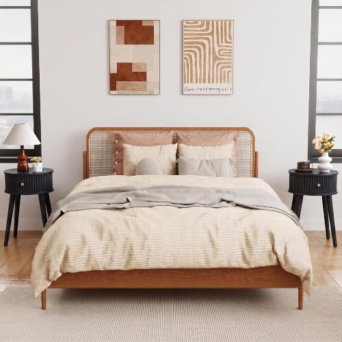 Round Fluted Side Table Set of 2, Small End Table with Fluted Drawer, Mid-Century Modern Wooden Bedside Table Round Nightstand Small Sofa Side Table for Living Room(Black) - color: Black, size: 15.7"D x 15.7"W x 23.6"H