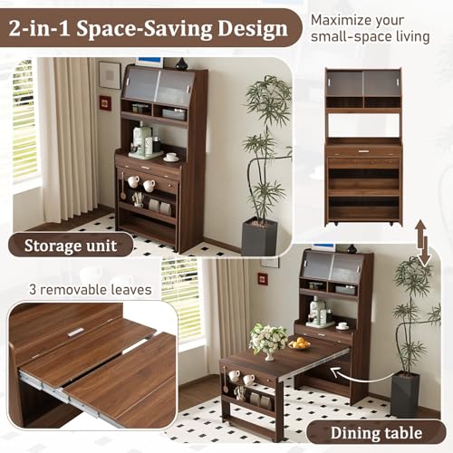 Wood Buffet Cabinet with Folding Dining Table, Craft Cabinet with Fold Out Table and Storage Shelf, Hooks, Multifunctional Cupboard for Small Places,Studio, Apartment (Walnut) - color: Walnut